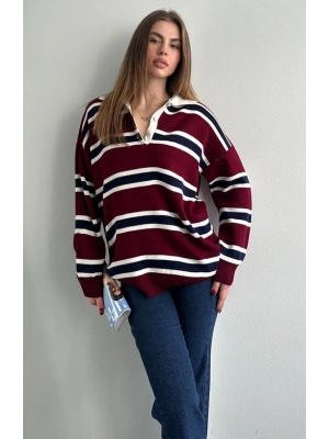 Kadın Polo Yaka Bordo Oversize Kazak