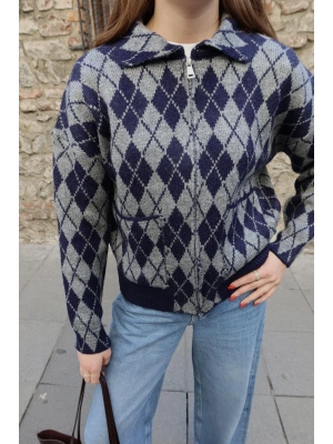 Kadın Polo yaka Çift Cep Detaylı Baklava Desen Premium Hırka