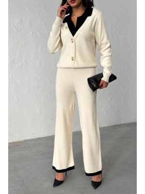 Kadın Polo Yaka ve Kalp Düğme Detaylı Alt Üst Şık Triko Takım - Ekru