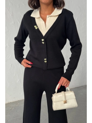 Kadın Polo Yaka ve Kalp Düğme Detaylı Alt Üst Şık Triko Takım - Siyah