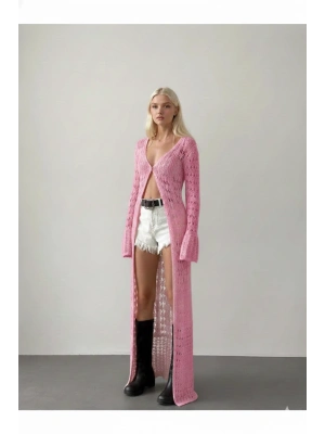 Kadın Şeker Pembe Boydan Düğmeli Ajurlu İspanyol Kol Uzun Triko Hırka