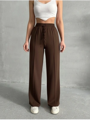 Kadın Şık Nervür Çizgi Detaylı Beli Lastikli Bağlamalı Premium Kalite Kahve Palazzo Pantolon