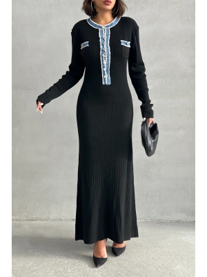 Kadın Siyah Düğmeli Jean Detaylı Uzun Triko Elbise