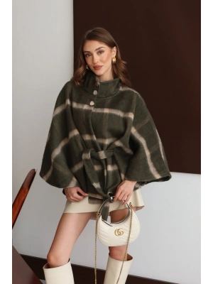 Kadın Kahverengi Ekose Desenli Kemer Detaylı Premium Panço Ceket