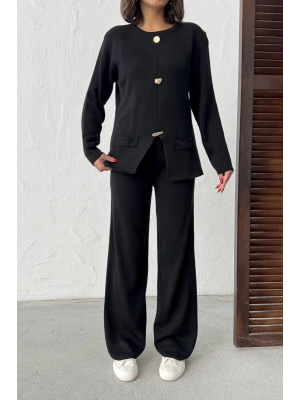 Kadın Siyah Gold Düğme Detaylı Alt Üst İkilli Triko Takım