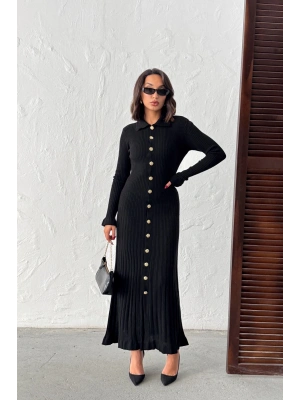 Kadın Siyah Gold Düğme detaylı Fitilli Uzun Triko Elbise