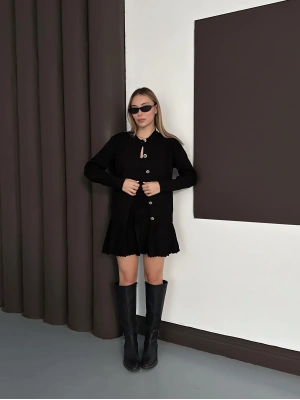 Kadın Siyah Hırka Crop Etek Üçlü Triko Takım