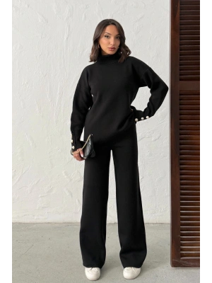 Kadın Siyah Kol Düğme Detaylı Bluz Etek Alt Üst İkili Triko Takım
