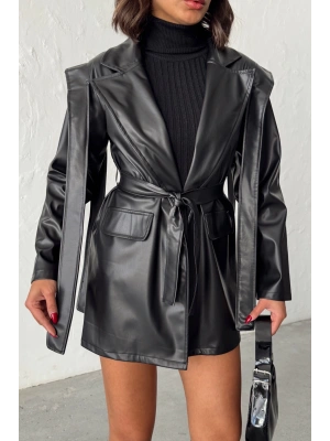 Kadın Siyah Kruvaze Yaka Kuşaklı Deri Ceket