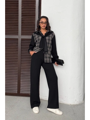 Kadın Siyah Omuzdan Bağlamalı Ekose Gömlek ve Pantolon 2li Takım