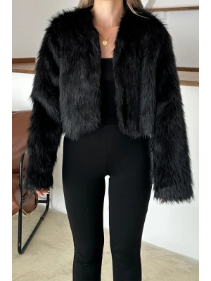Kadın Siyah Premium Kalite Astarlı Kısa Kürk Ceket