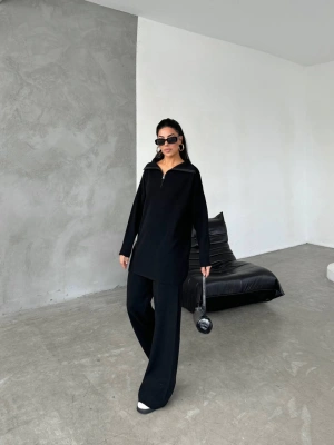 Kadın Siyah Rahat Kesim Fermuarlı Oversize Alt Üst ikili Triko Takım
