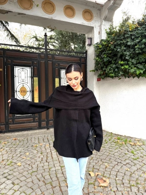 Kadın Siyah Şal Detaylı Mevsimlik Kışlık Premium Triko Ceket