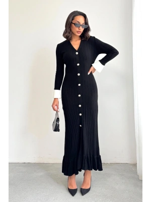 Kadın Siyah Şık Bilek Boy Kol Boydan Düğmeli Uzun Triko Elbise