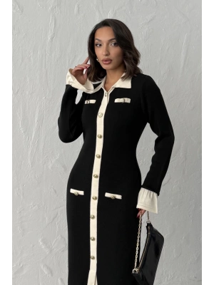 Kadın Siyah Şık Düğme Ve Kol Detaylı Triko Elbise