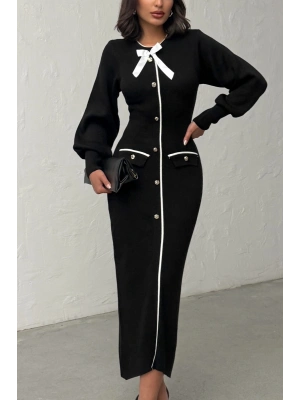 Kadın Siyah Şık Fiyonk Detaylı Balon Kol Zarif Triko Elbise