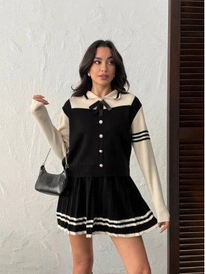 Kadın Siyah Şık Gül Fiyonk Detaylı Bluz Etek İkili Triko Takım