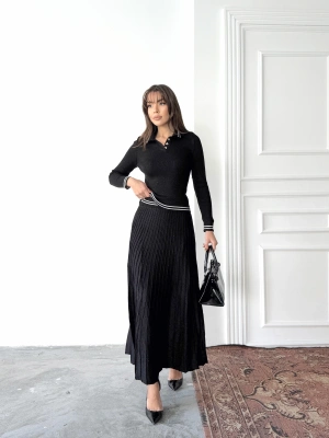 Kadın Siyah Simli Şık Şeritli Bluz Etek Alt Üst İkili Premium Triko Takım