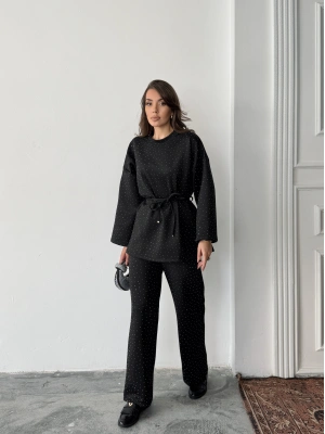 Kadın Siyah Taş İşlemeli Bel Bağlama Detaylı Bluz Pantolon Alt Üst İkili Takım