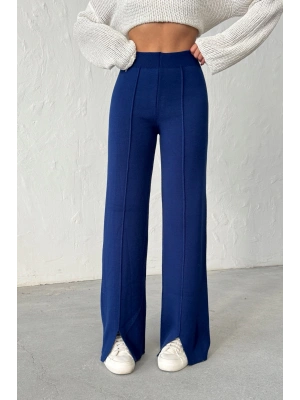 Kadın Lacivert Yüksek Bel Şık Şerit Detaylı Geniş Paça Triko Pantolon
