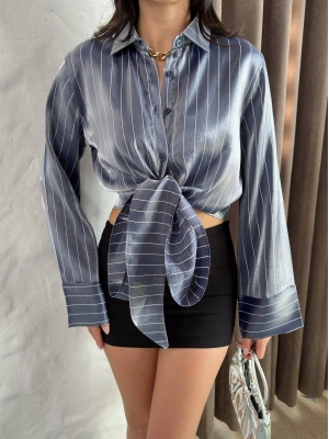 Kadın Turkuaz Çizgili Öden Bağlama Detaylı Saten Yüzeyli Uzun Kol Gömlek