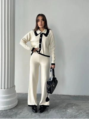 Kadın Yaka Detaylı Alt Üst Şık Triko Takım - Ekru