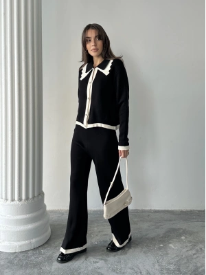 Kadın Yaka Detaylı Alt Üst Şık Triko Takım - Siyah