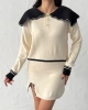 Kadın Ekru Yaka Ve Yırtmaç detaylı Bluz Mini Etek Alt Üst İkili Triko takım