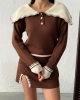 Kadın Kahverengi Yaka Ve Yırtmaç detaylı Bluz Mini Etek Alt Üst İkili Triko takım