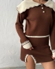 Kadın Kahverengi Yaka Ve Yırtmaç detaylı Bluz Mini Etek Alt Üst İkili Triko takım