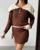 Kadın Kahverengi Yaka Ve Yırtmaç detaylı Bluz Mini Etek Alt Üst İkili Triko takım