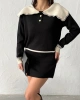 Kadın Siyah Yaka Ve Yırtmaç detaylı Bluz Mini Etek Alt Üst İkili Triko takım