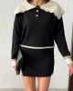 Kadın Siyah Yaka Ve Yırtmaç detaylı Bluz Mini Etek Alt Üst İkili Triko takım