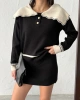 Kadın Siyah Yaka Ve Yırtmaç detaylı Bluz Mini Etek Alt Üst İkili Triko takım