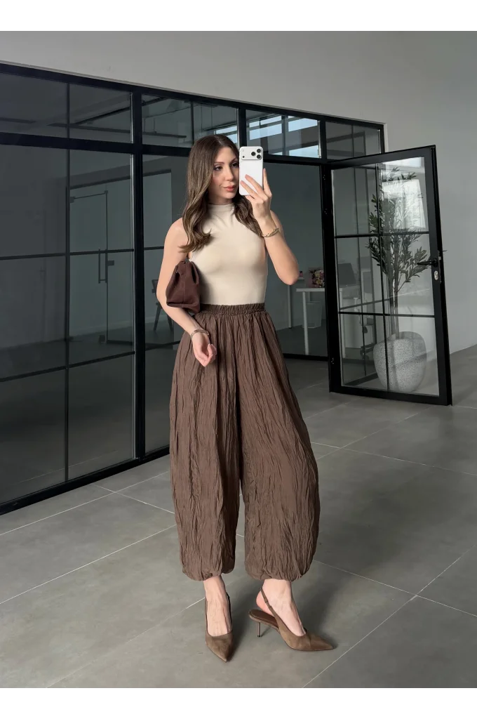 Kırışık Kumaş Kahve Şalvar Pantolon