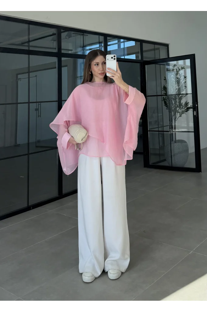 Uçuşan Pelerin Pembe Tül Bluz