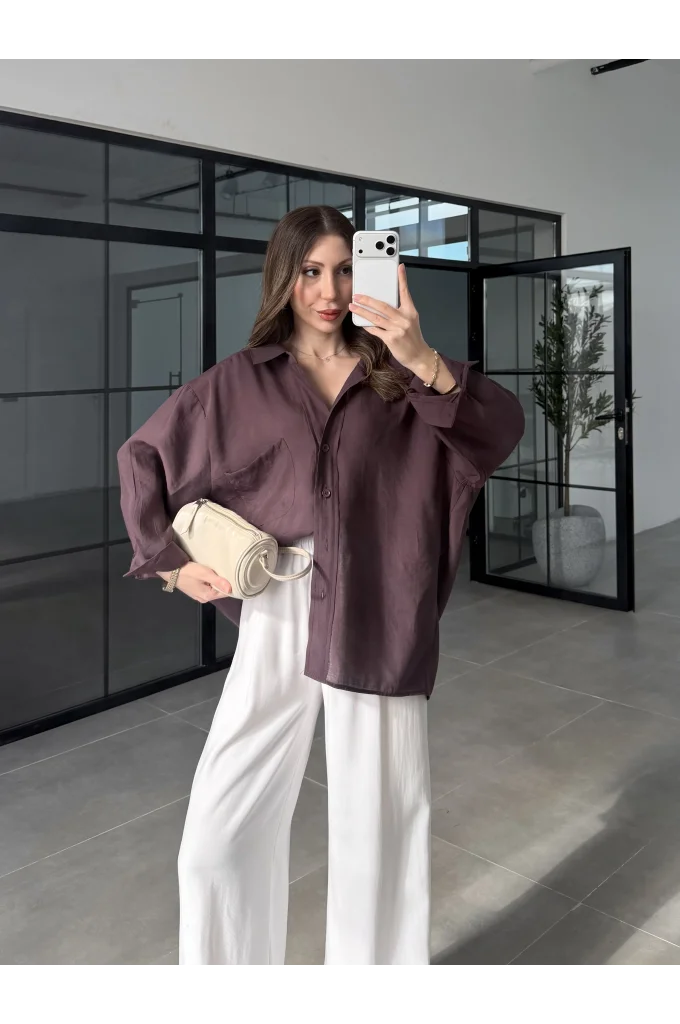 Mürdüm Oversize Tensel Gömlek
