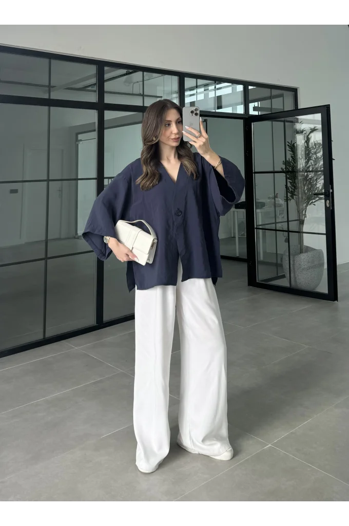 Sofi Tek Düğme Oversize Tensel Lacivert Gömlek