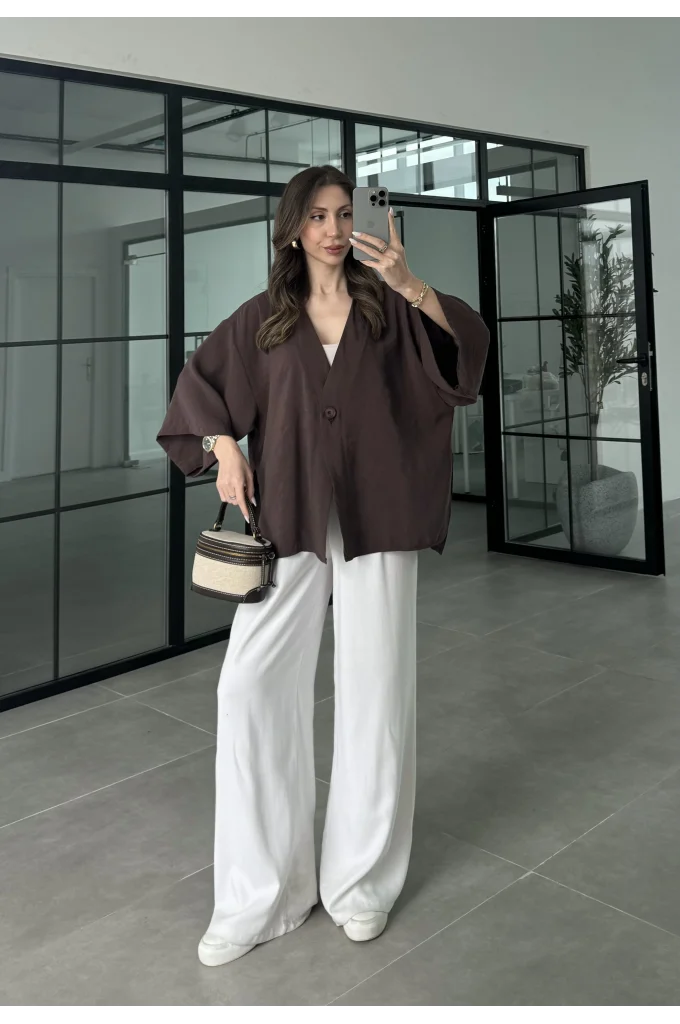 Sofi Tek Düğme Oversize Tensel Kahve Gömlek