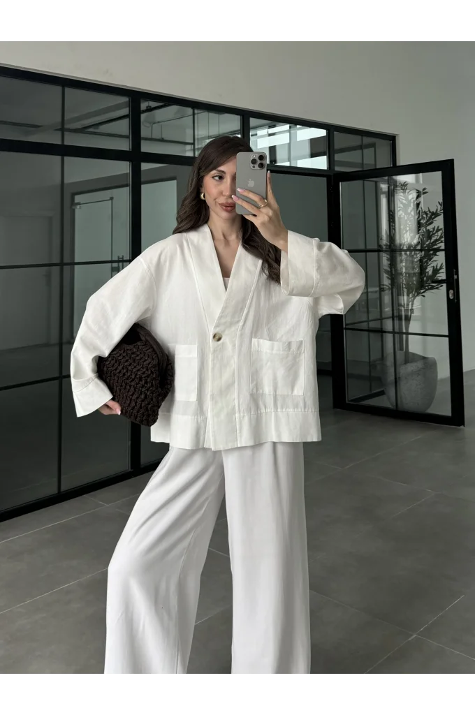 V Yaka Tek Düğme Keten Ekru Kimono Ceket