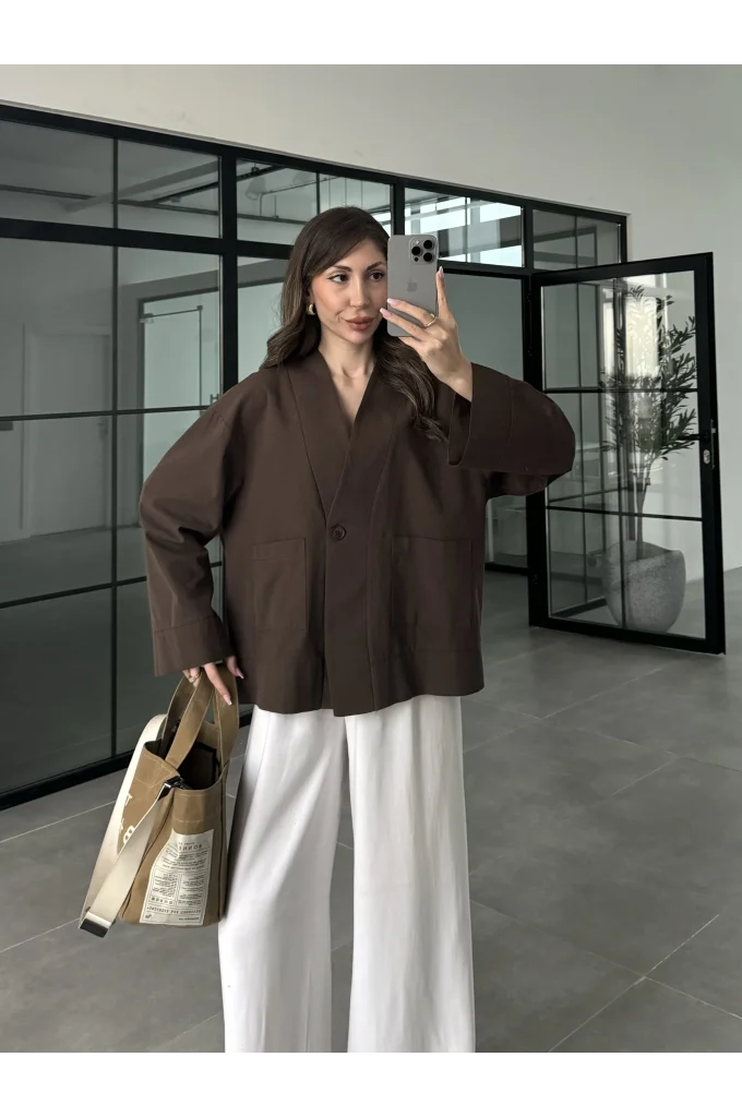 V Yaka Tek Düğme Keten Kahve Kimono Ceket