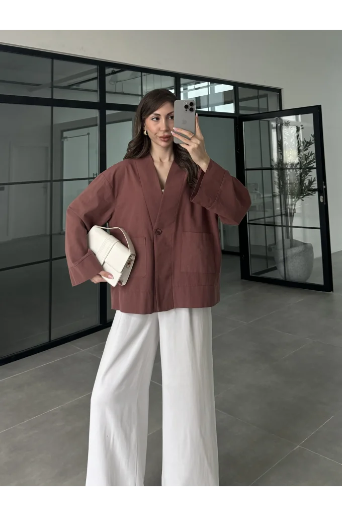 V Yaka Tek Düğme Keten Kiremit Kimono Ceket
