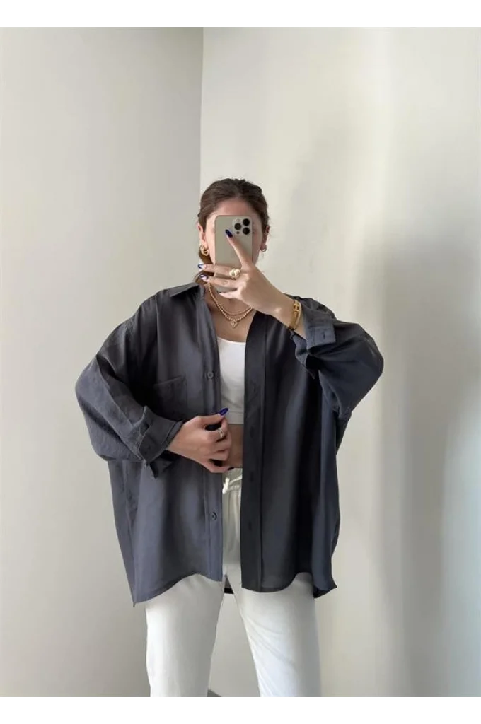 Antrasit Oversize Tensel Gömlek