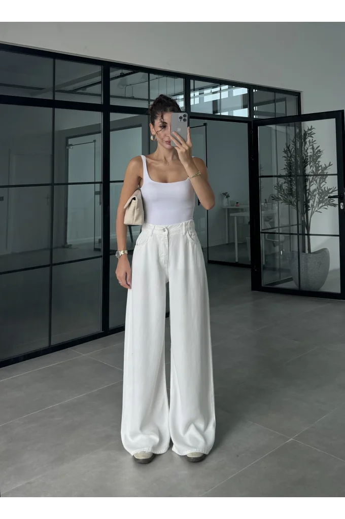 Arka Beli Lastikli Tensel Beyaz Palazzo Jean