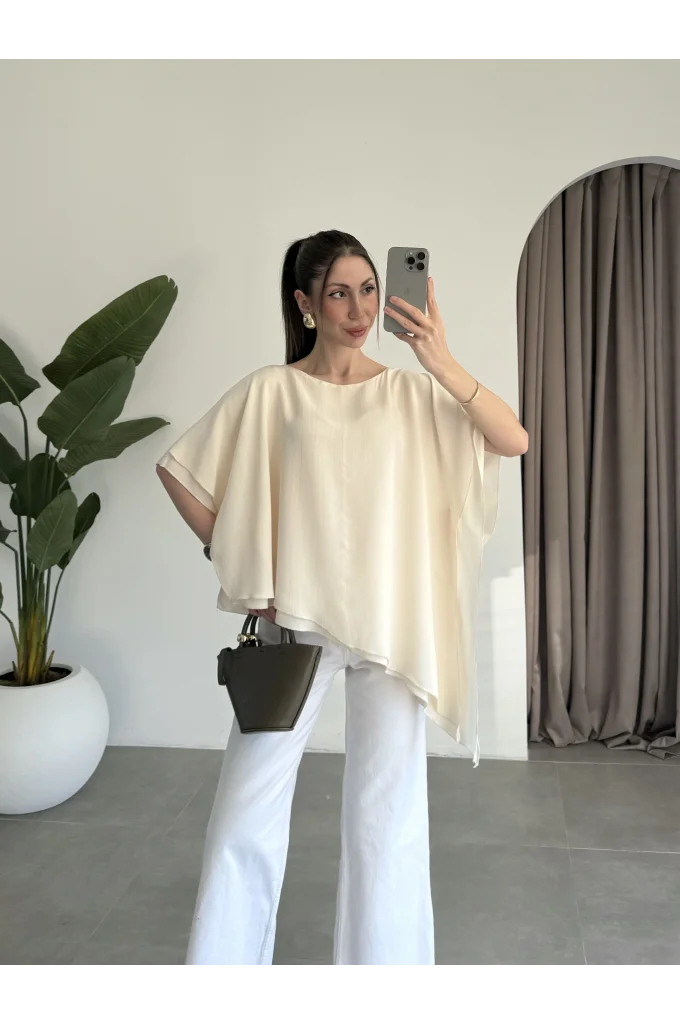 Asimetrik Pelerin Katlı Ekru Bluz