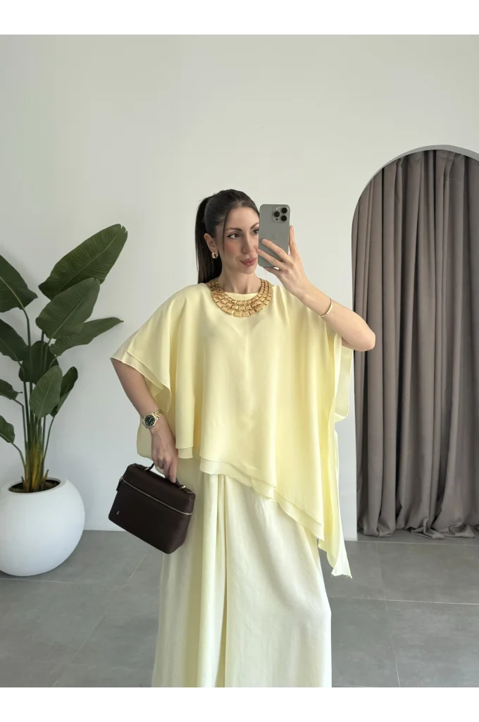 Asimetrik Pelerin Katlı Sarı Bluz