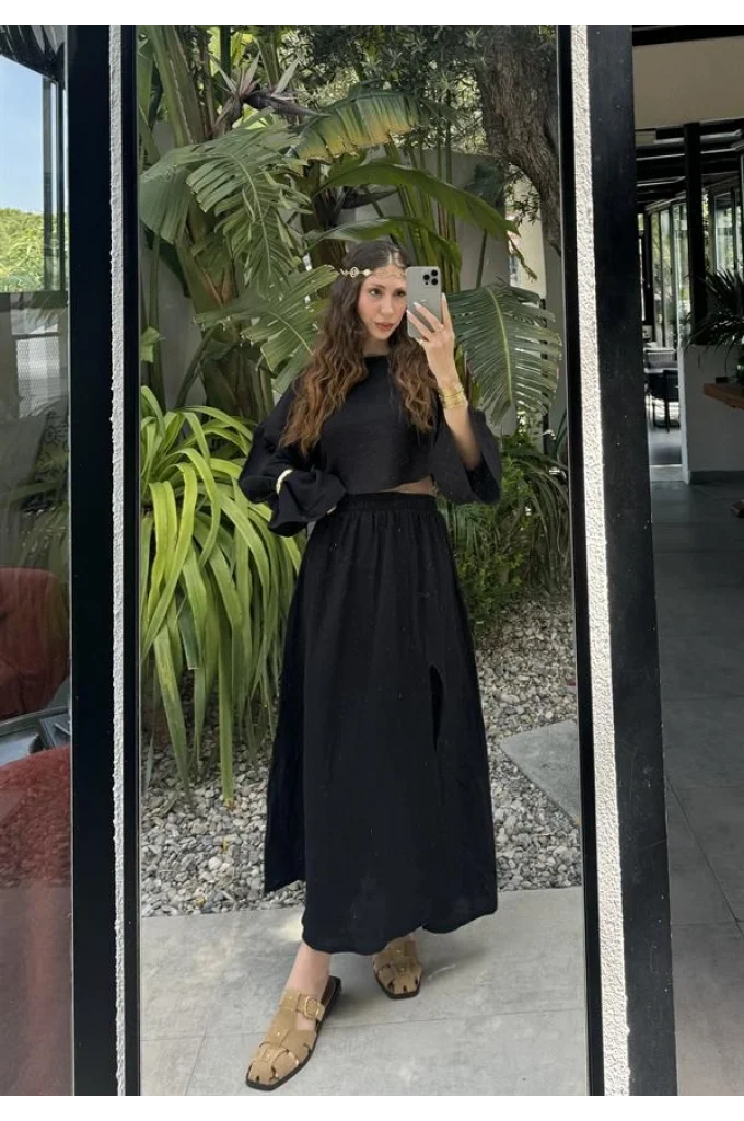 Bali Eteği Yırtmaçlı Müslin Siyah Takım