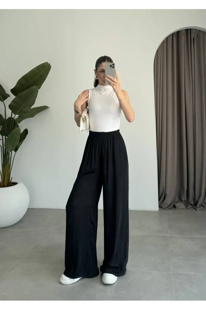 Beli Lastikli Siyah Tiril Pantolon