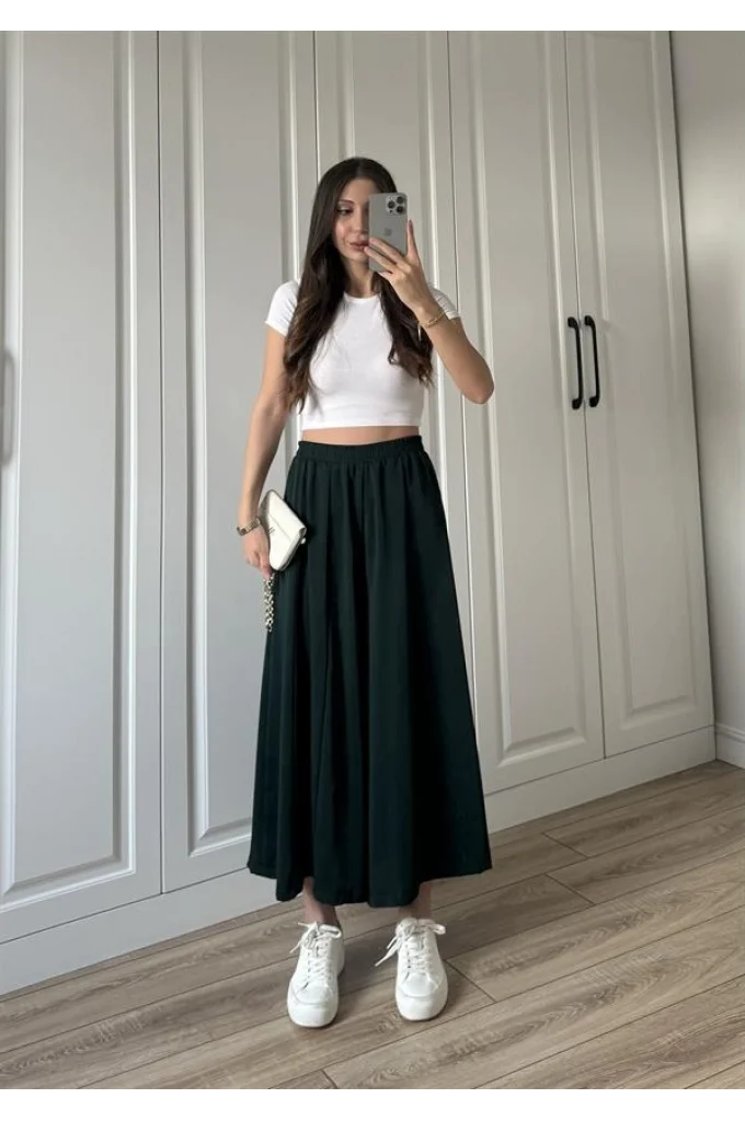 Bilek Boy Geniş Paça Zümrüt Yeşili Pantolon