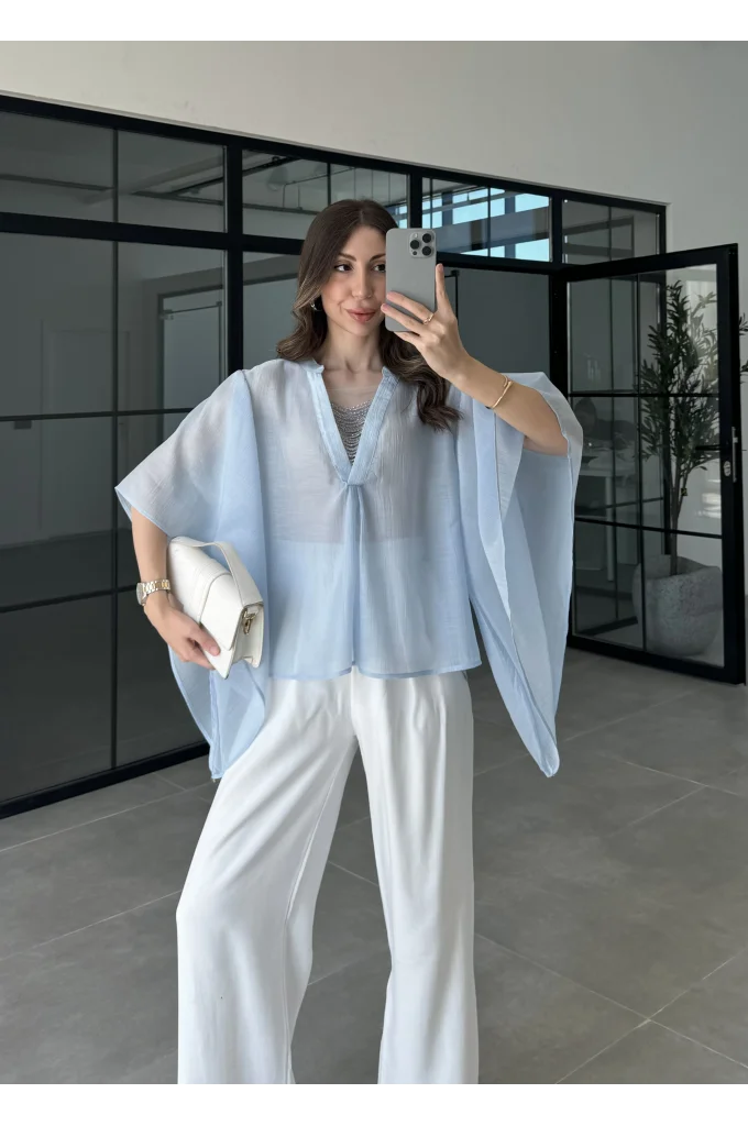 Boncuk Detaylı Bebe Mavi Pelerin Bluz